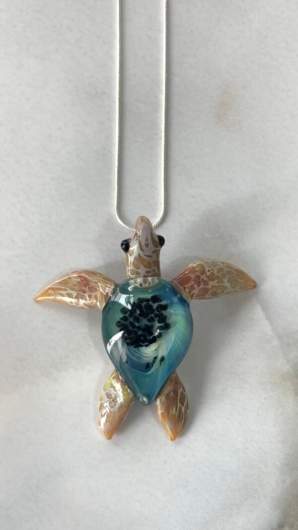 Sea Turtle Necklace with Ocean Blue colors in the Shell and with Carmel colored flippers Perfect Aquatic Beach Party Gift for Men and Women